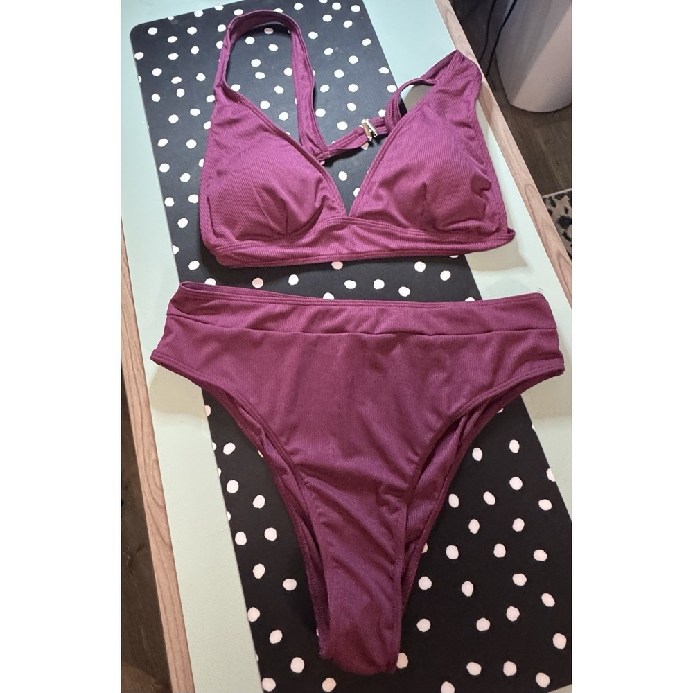 SHEIN Maroon Ribbed Bikini Set Triangle Pads Clasp Back NWOT XL